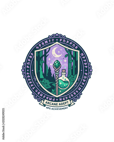 Arcane Adept RPG Achievement Badge Wizard Magic Staff and Potion Bottle Vector Circular Frame