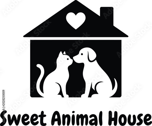 Sweet animals sitting under cute house icon