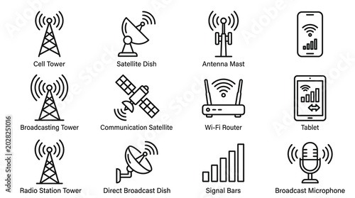 Telecommunications infrastructure icons cellular satellite wireless and broadcasting technology vector illustration set