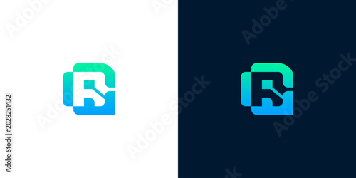 Abstract letter R logo design, modern digital technology symbol, blue-green gradient on white and dark backgrounds
