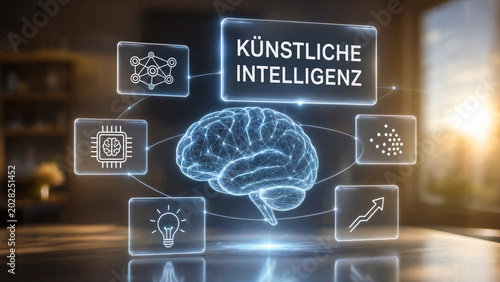 Künstliche intelligenz – leuchtendes Wireframe Gehirnmodell mit holografischen Icons Künstliche Intelligenz Konzept Still Life