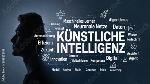Künstliche intelligenz – typografische Wortwolke aus KI Begriffen um Kopf Silhouette Künstliche Intelligenz Konzept