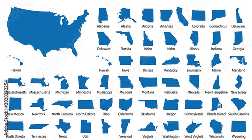 Detailed blue map of the united states showing all individual state shapes in this educational photograph
