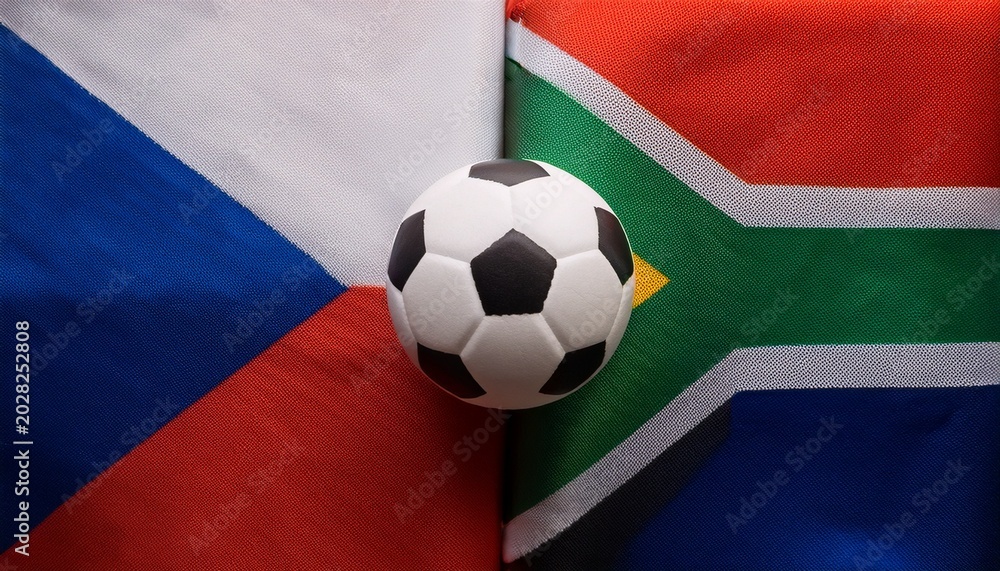 Naklejka premium soccer ball placing between czech flag and south africa flag