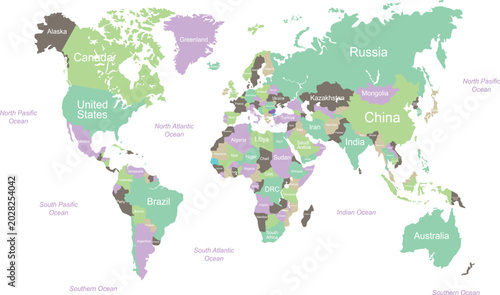 Colorful Vector World Map with Country Labels