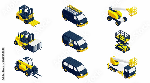 Foto Collection of various industrial vehicles and machinery.
