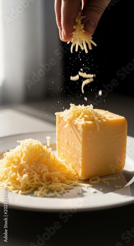 Grated cheese being sprinkled on a block of cheese.