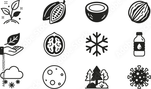 Tableau sur toile Healthy Superfood and Winter Nature Vector Solid Icon Set Featuring Cacao Pods W