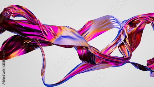 3d animation. Abstract aesthetic fashion concept. Iridescent multicolored drapery floating and waving over a white background. Silk ribbons with holographic foil effect in slow motion