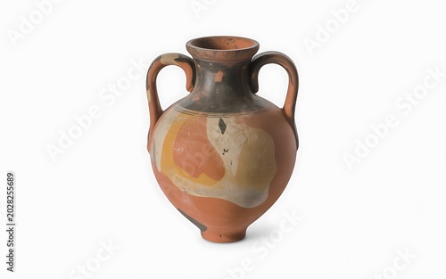 Ancient clay vase with handles and abstract design on a white background.