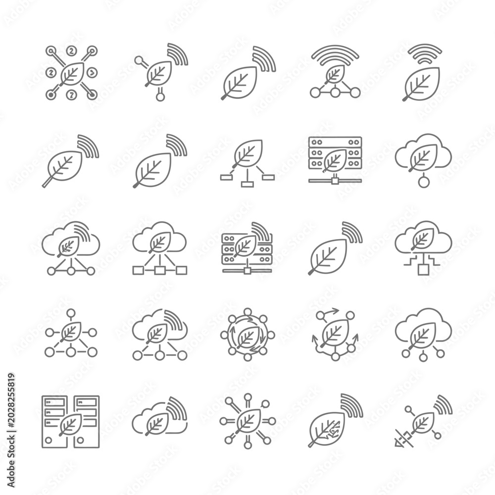 Fototapeta premium Leaf Technology Icons Set: IoT, Network, Cloud, Server, Data Flow, Connectivity