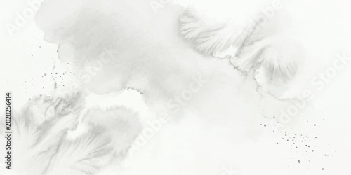 Quadro su tela Delicate brushstrokes of watercolor paint in subtle shades of gray create an abstract composition with organic, cloud-like forms and scattered specks