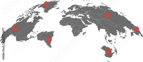 World Map with Red Location Pin Markers
