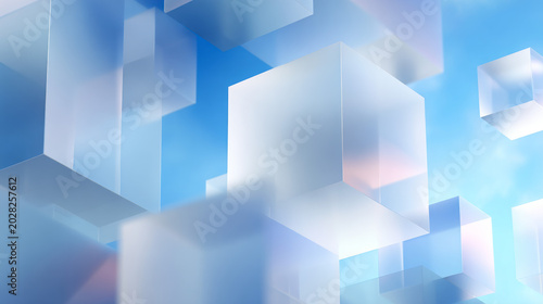 Abstract 3D floating glass cubes on blue background