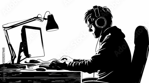 Person using computer with headphones silhouette monochrome graphic design