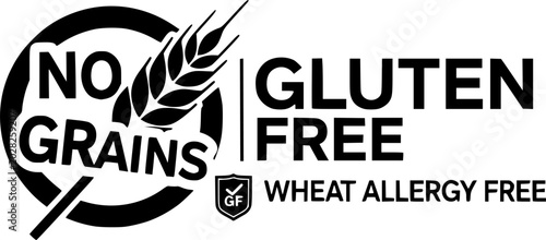 No grains symbol wheat allergy free label logo for food products gluten free icon certification mark.
