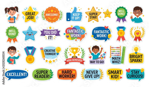 Photos Cute school reward stickers great job student badges vector illustration isolate