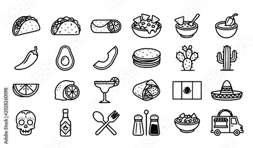 Bild auf Leinwand Cute Mexican food doodle cartoon line art set black white vector illustration is