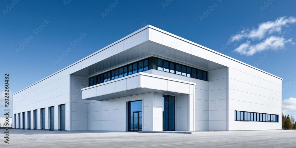 Fototapeta premium Sleek modern warehouse design under clear blue skies