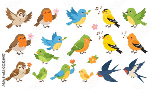 Fotografie Cute spring birds stickers childish cartoon vector illustration isolated white b