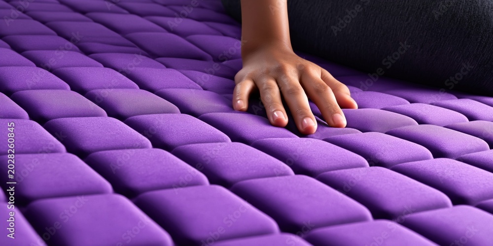 Fototapeta premium Close-up of a hand touching a plush purple mattress with a unique quilted grid pattern