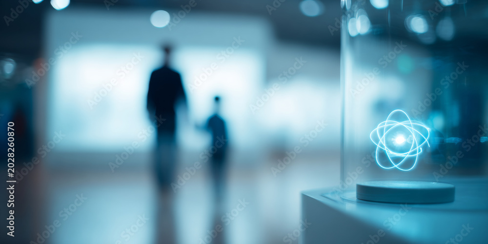 Fototapeta premium Glowing atomic model in modern museum