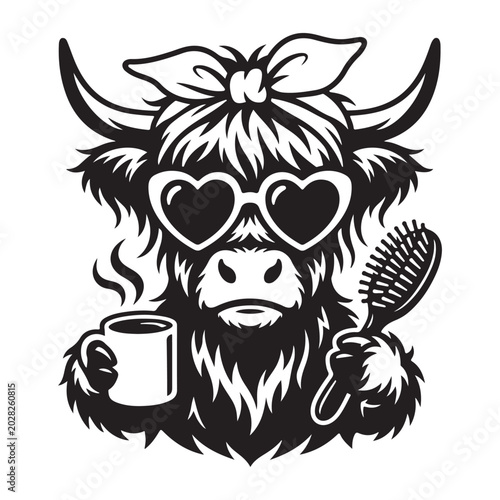 Vector illustration of a black and white illustration of a cow wearing heart-shaped sunglasses and holding a coffee mug and hairbrush isolated on white background