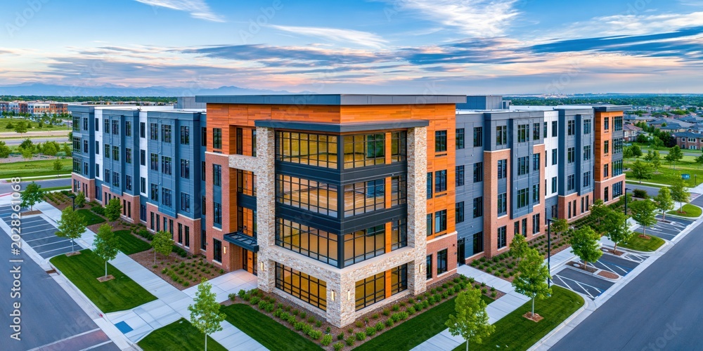 Fototapeta premium Contemporary residential architecture bathed in golden light