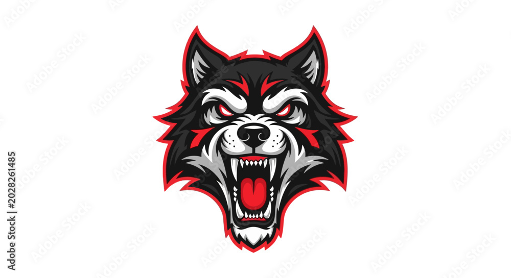 Obraz premium Fierce wolf head illustration with red accents on white background