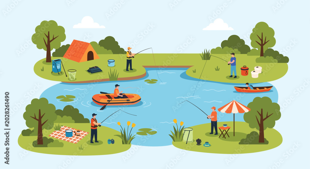 Obraz premium Scene of various people enjoying a relaxing day fishing from small boats and the shore at a peaceful forest pond.
