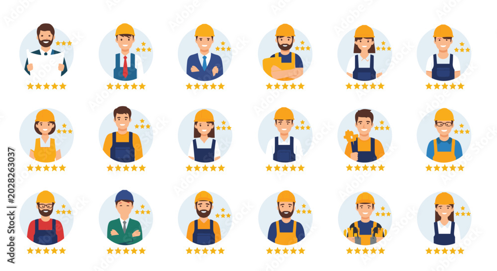 Fototapeta premium Collection of professional worker avatars with five star ratings represents high quality service and skilled labor.