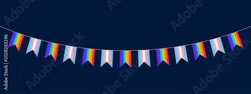 Pride Flag Bunting with LGBTQ and Transgender Flags. Pride Rainbow Bunting Decoration for LGBTQIA Pride Month. Pride Month Rainbow Flag Pennant Vector Illustration. 