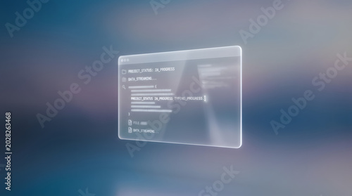 A floating transparent user interface window with glowing text and a digital code. A futuristic neon background for the HUD panel, embodying the concept of AI and technology. AI generated.
