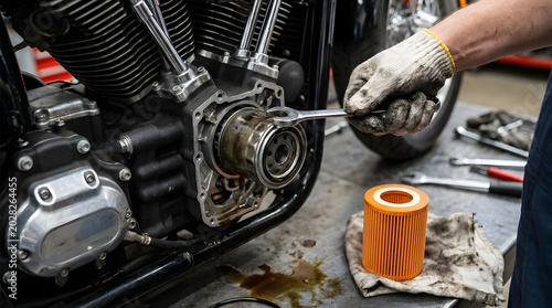 Mechanic changing motorcycle oil filter in workshop with tools and parts on workbench. Created with AI image