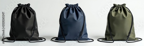 Three drawstring cinch bags in black, navy, olive green sit side by side against white background. Bags made of smooth, lightweight fabric, perfect for sports, travel, everyday use. Feature simple