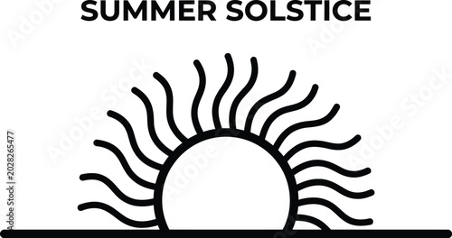 Summer solstice decorative linear sun emblem icon with wavy rays for seasonal holiday celebration banner