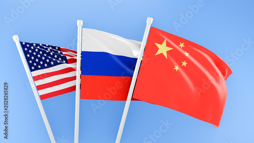 Tableau sur toile Flags of USA, Russian Federation and China