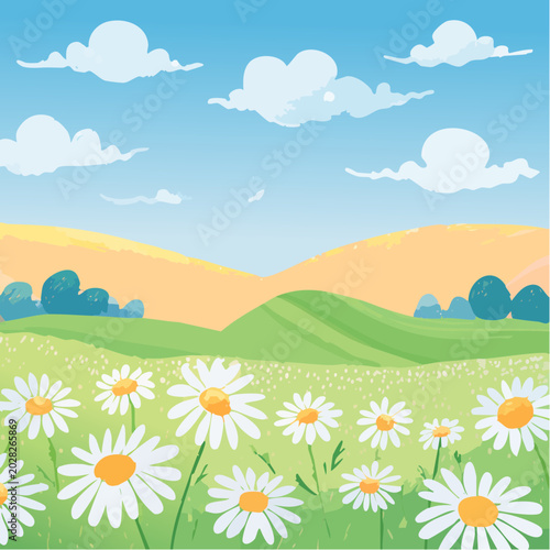 Abstract field, garden, wild chamomile meadow. Summer flower background for placard with pastel colored wax crayons drawings. 