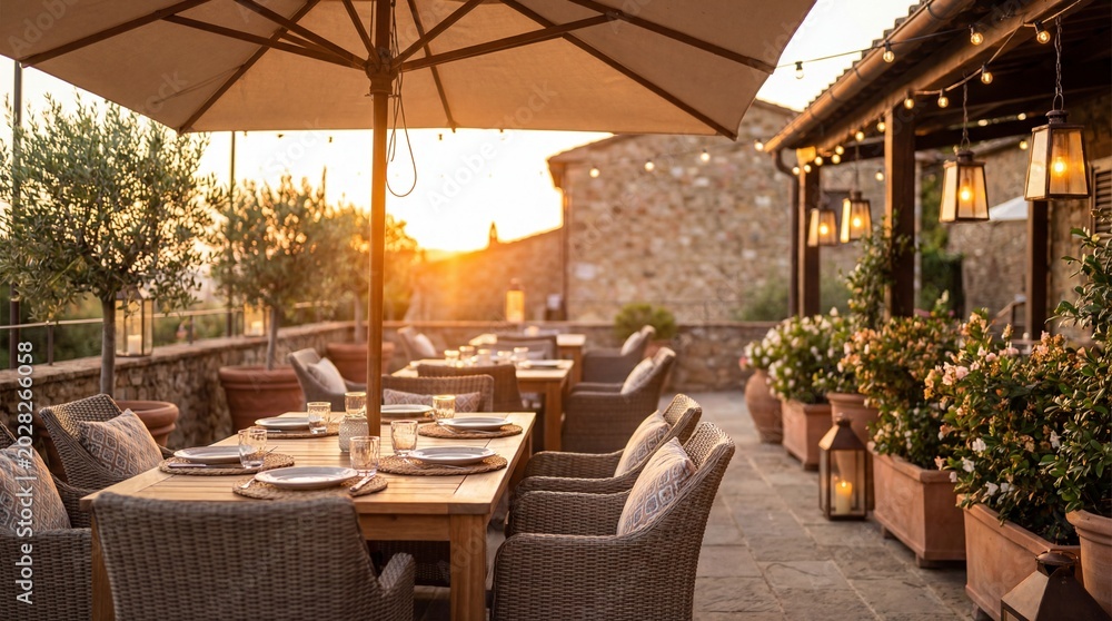 Fototapeta premium An empty outdoor dining terrace with tables set for a meal, illuminated by the warm glow of a sunset and string lights