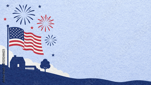 4th of July Independence Day light blue textured paper background with fireworks, American flag and house with copy space