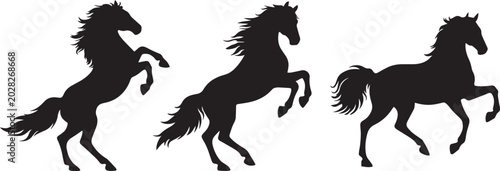 Foto Black horse silhouettes set, wild stallion rearing and galloping vector icons, e