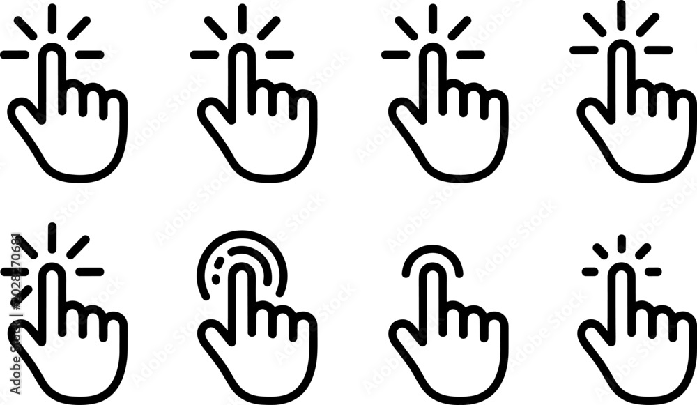 Fototapeta premium Finger tap icon set with touch gesture symbols click press and touchscreen interaction minimal outline vector for app interface design