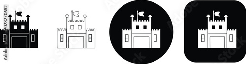 Foto Medieval castle fortress set with flag and battlements in solid outline and circ