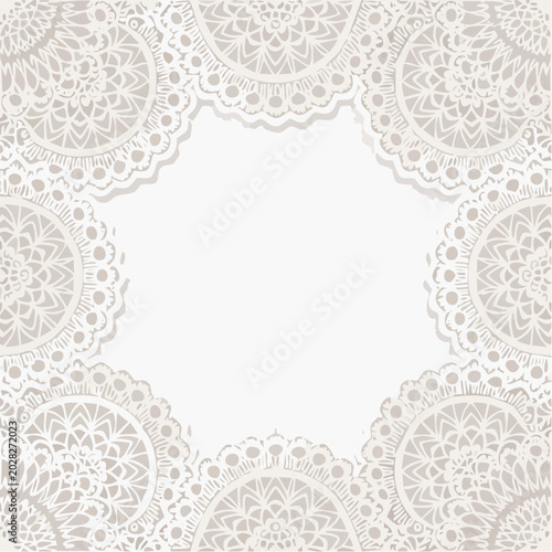 Isolated white whimsical frame doilies decorated with lace floral ornament. Horizontal shape border with vintage victorian elegance. Crochet, whimsy element for scrapbooking, wedding invitation cards.