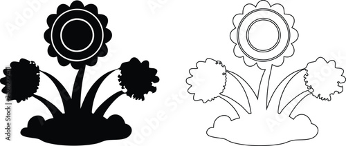 Photos Black silhouette and outline of a stylized flower with three bushy leaves on a g