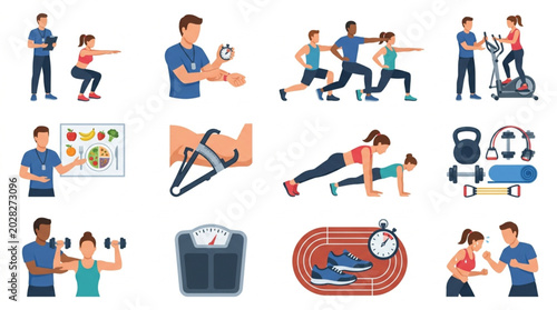 Bild auf Leinwand Fitness and exercise illustrations showing people working out and sports equipment