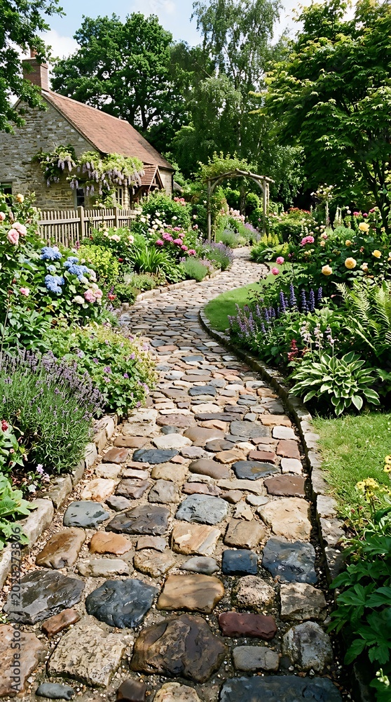 Obraz premium A picturesque cobblestone path winding through a lush green cottage garden.