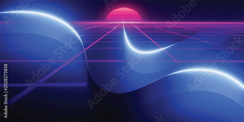 Obraz na płótnie Retro sci fi sunset with neon grid and waves sci fi retro futurism futuristic ab
