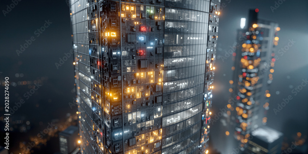 Fototapeta premium Tall apartment buildings radiate warmth amid distant cityscape under soft night fog