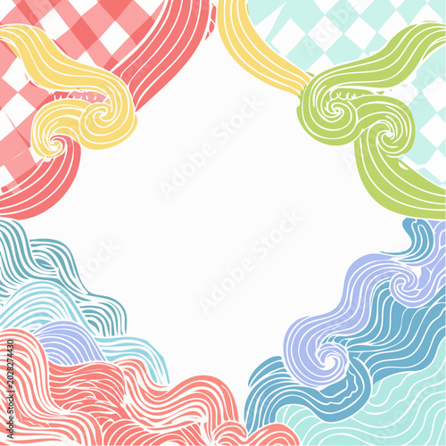 Hand drawn frames with wavy squiggle curly edges and colorful backgrounds. Borders with abstract wavy lines and retro checkered patterns for invitations, posters, social media templates